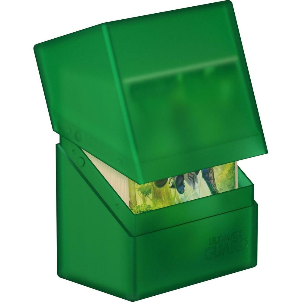 Un porte-cartes vert dont le couvercle est ouvert, révélant une pile de cartes de jeu à l'intérieur.