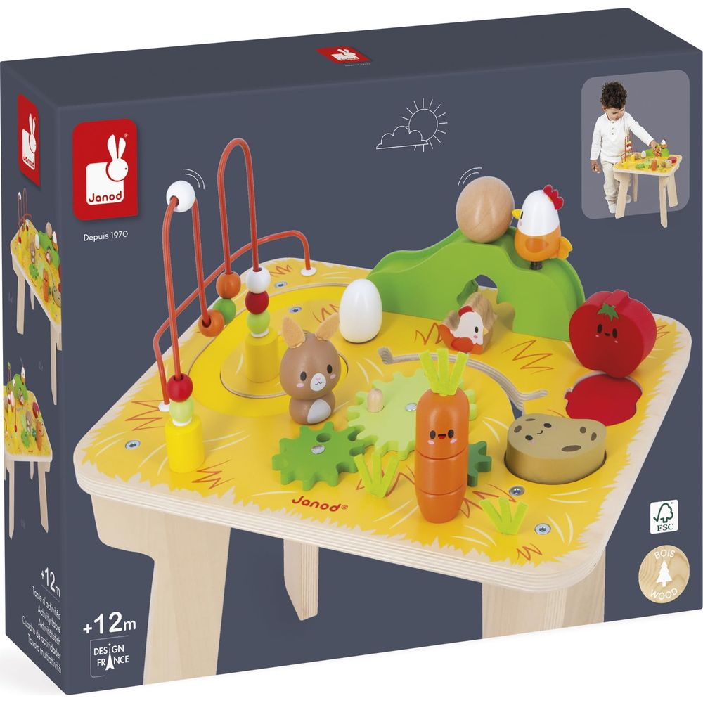 Janod Bauernhof-Aktivitätstisch mit Holztieren, Karotte und Perlenlabyrinth.