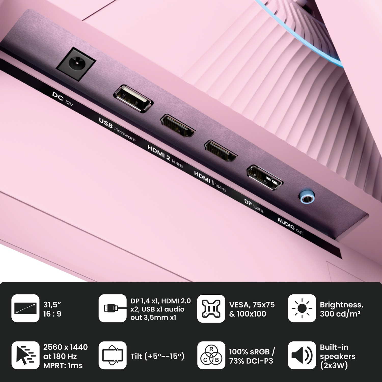 Tył różowego monitora pokazujący porty: DC 12V, USB, HDMI, DP, wyjście audio.