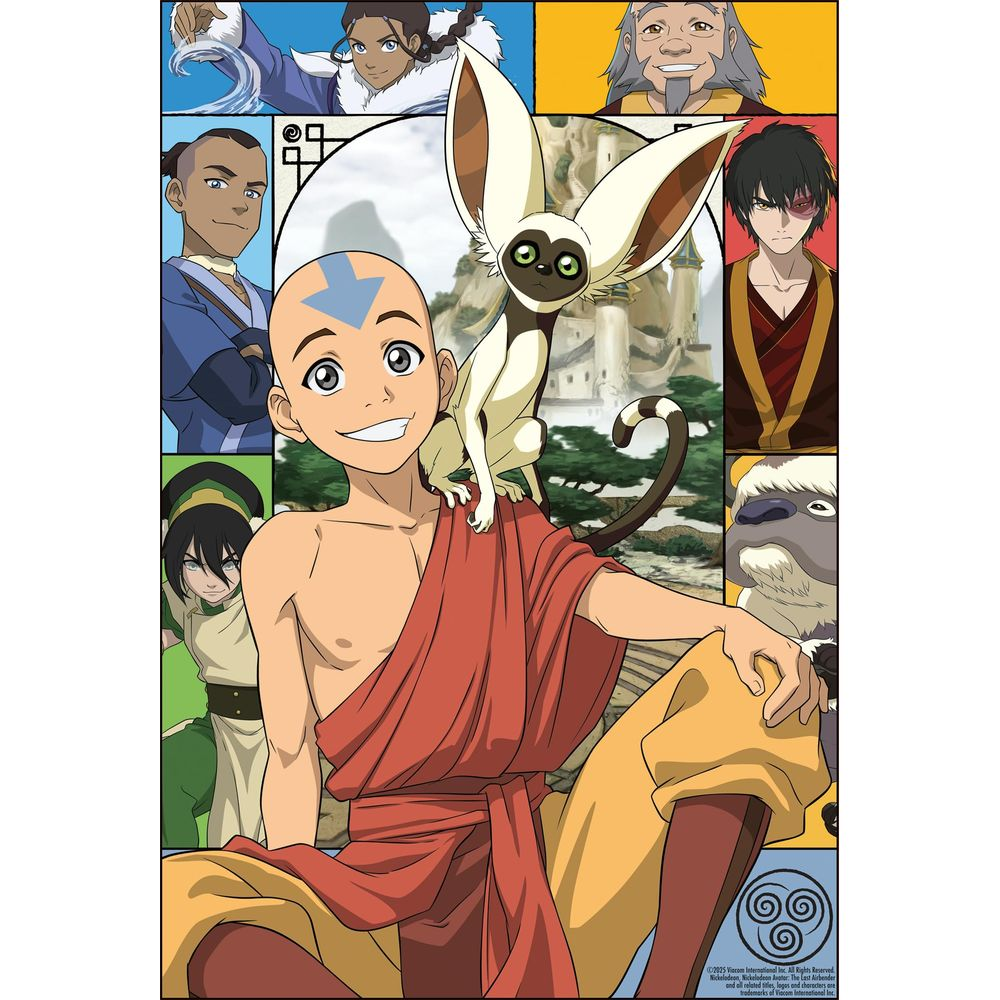 Aang e Momo da Avatar con altri personaggi in pannelli intorno a loro.