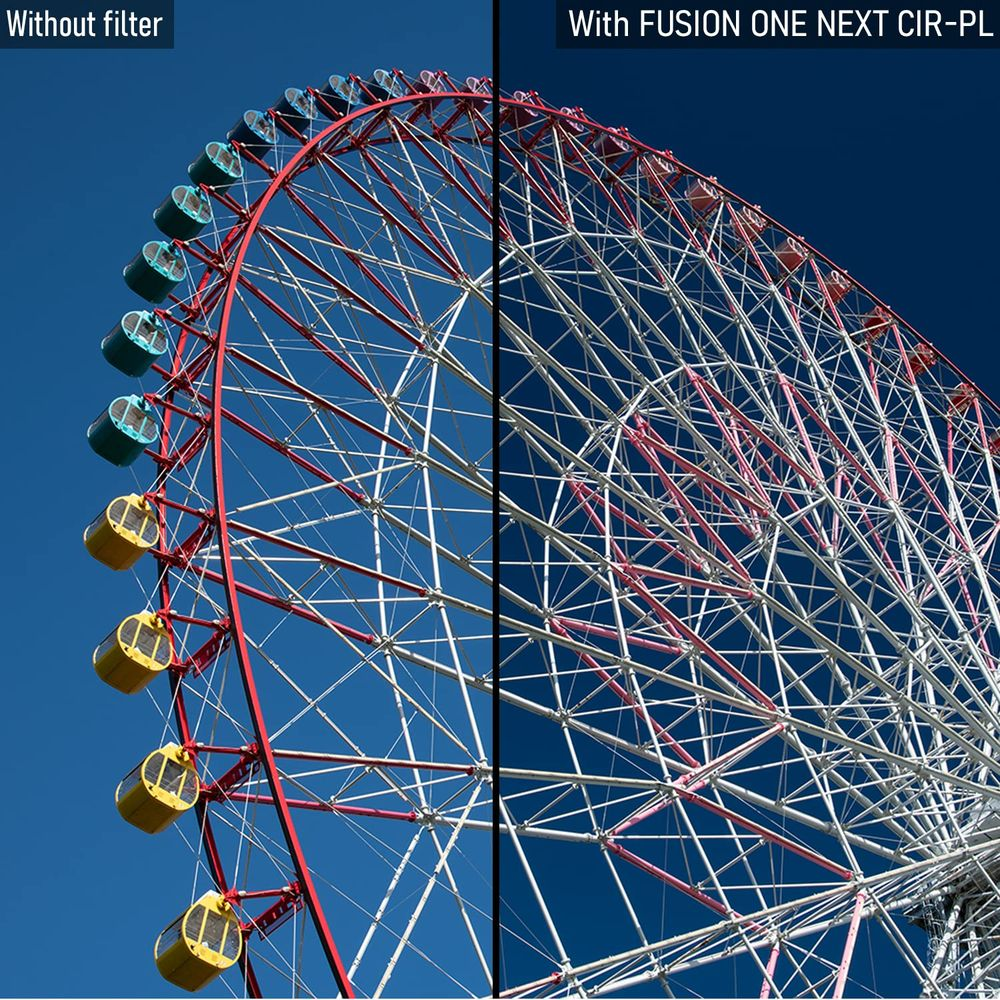 Riesenrad mit blauen und gelben Gondeln, links ohne Filter, rechts mit Filter.