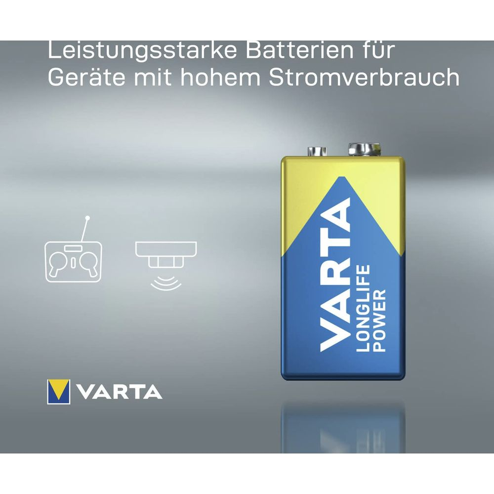 Varta 9V Batterie mit Symbolen für Fernbedienung und Rauchmelder.