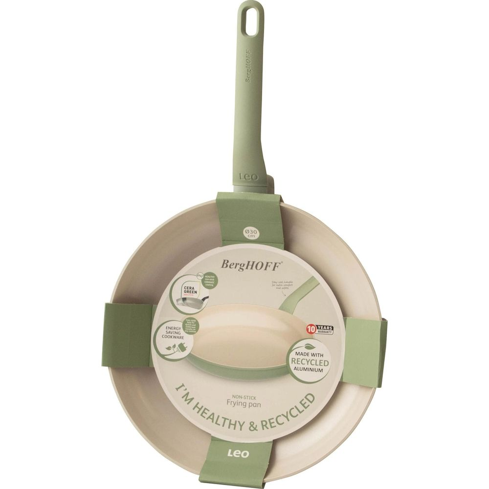 BergHOFF Leo 30cm frying pan, beige with green handle. Made with recycled aluminium.