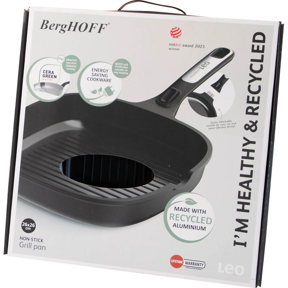 BergHOFF non-stick grill pan, 26x26cm, made with recycled aluminum. Healthy, energy saving.