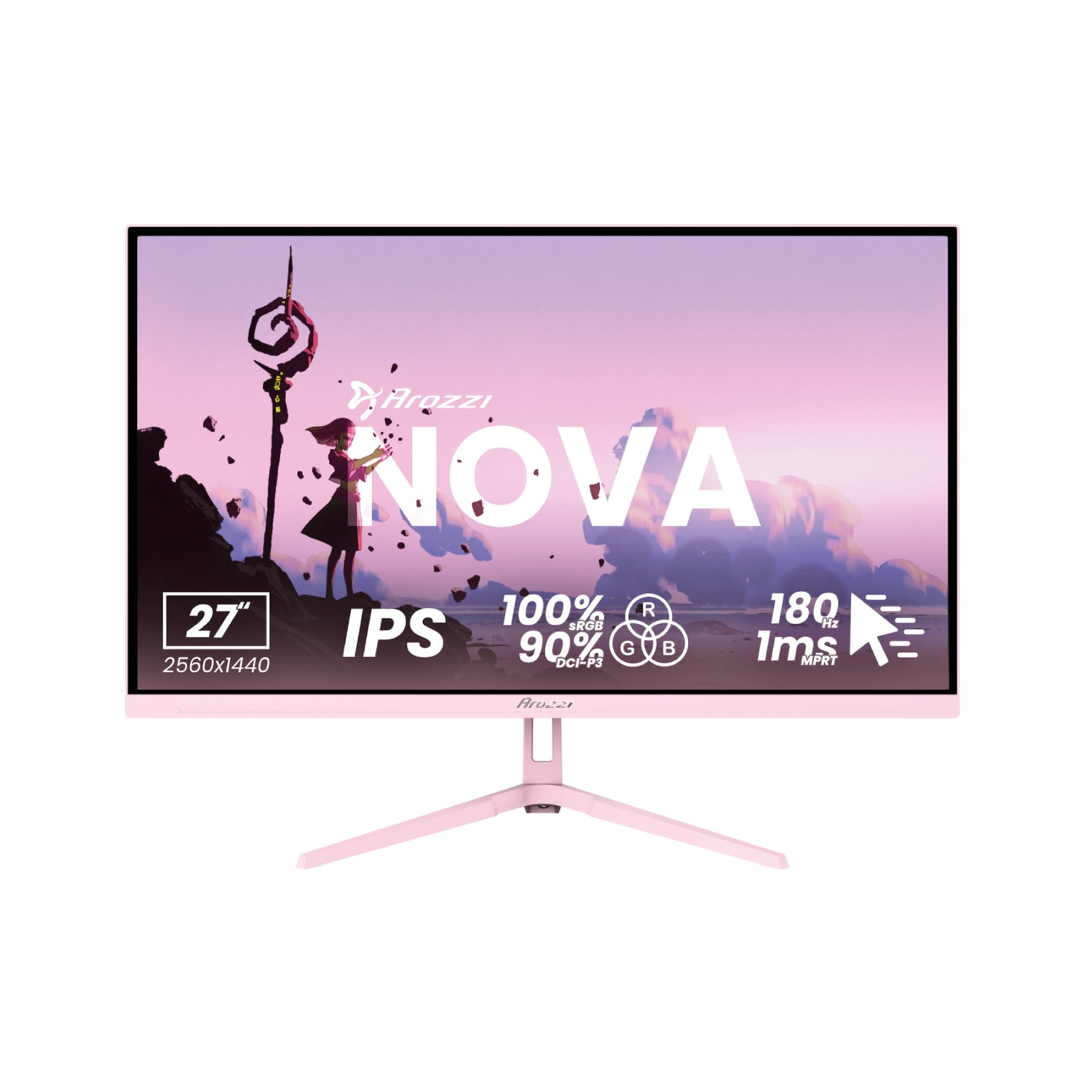 Un monitor rosa con supporto rosa che mostra "NOVA".