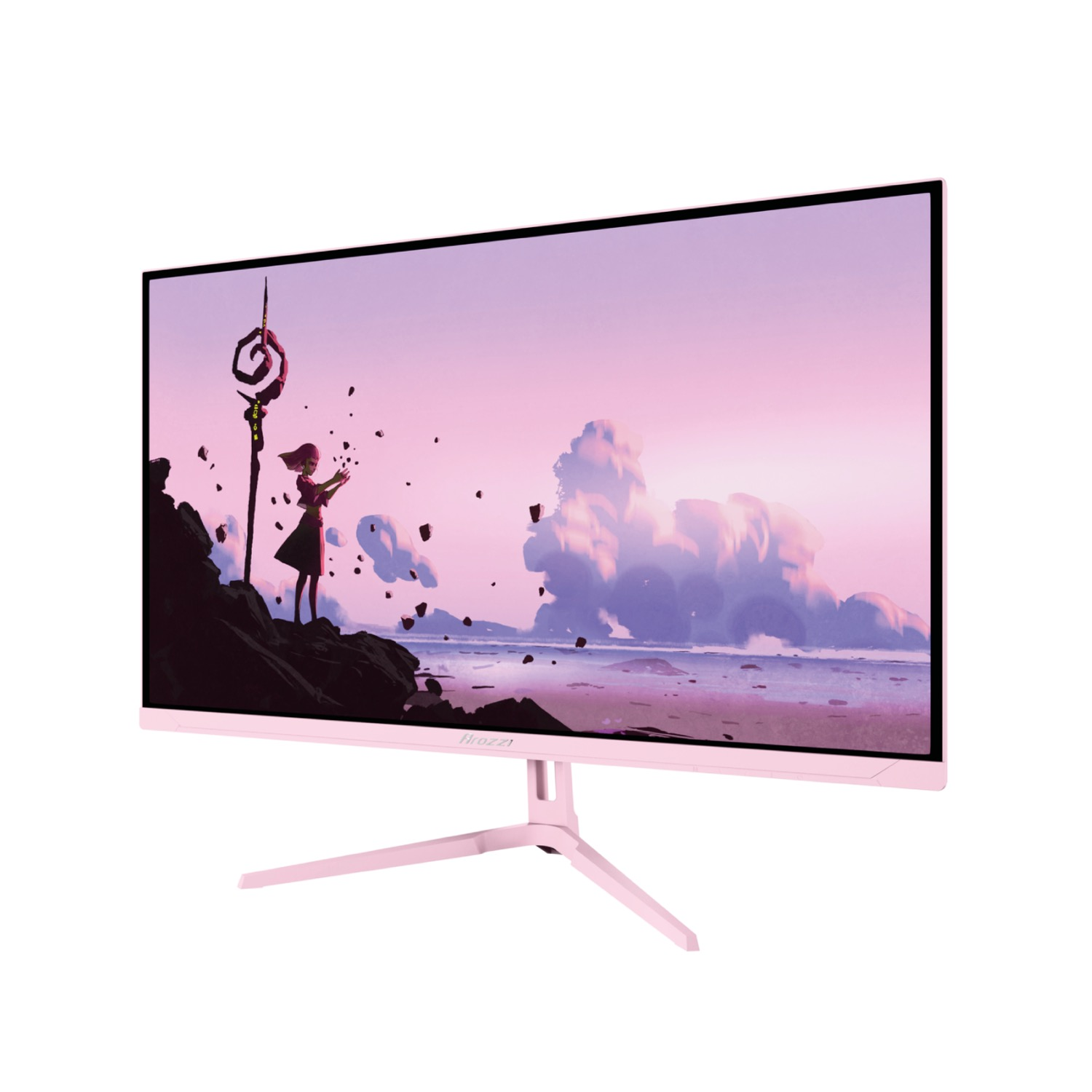 Un monitor rosa mostra una scena anime con una figura sulla riva.