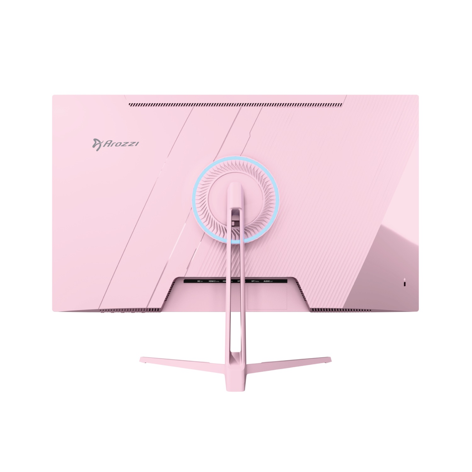 Retro di un monitor rosa con logo Arozzi, luce ad anello blu e porte.