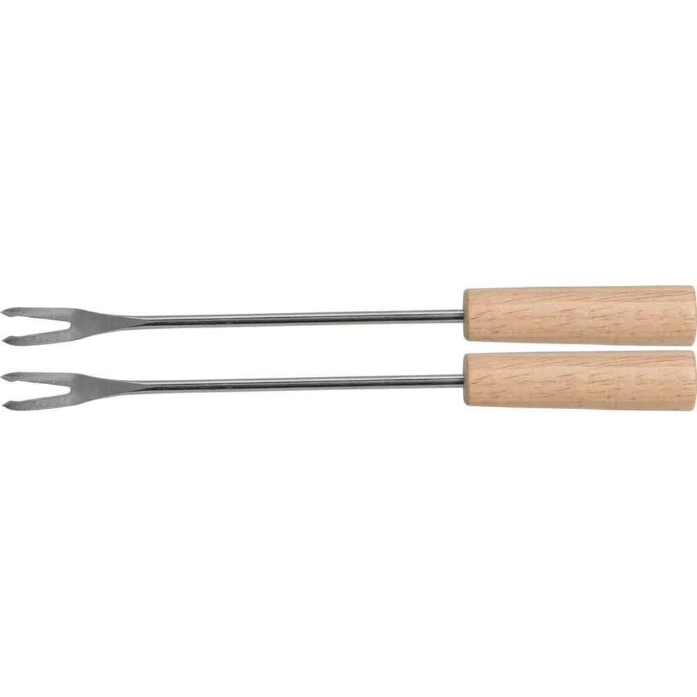 Zwei Fonduegabeln mit Holzgriff auf weißem Hintergrund.