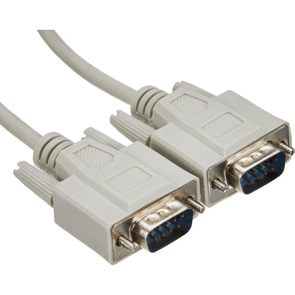 Un cavo grigio con due connettori DB9 a 9 pin con inserti blu.