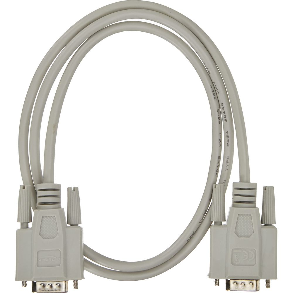 Cavo seriale grigio con due connettori DB9 e viti zigrinate.