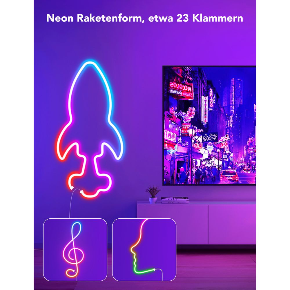 Neon-Raketenschild an der Wand, mit Stadtszene auf dem TV-Bildschirm.