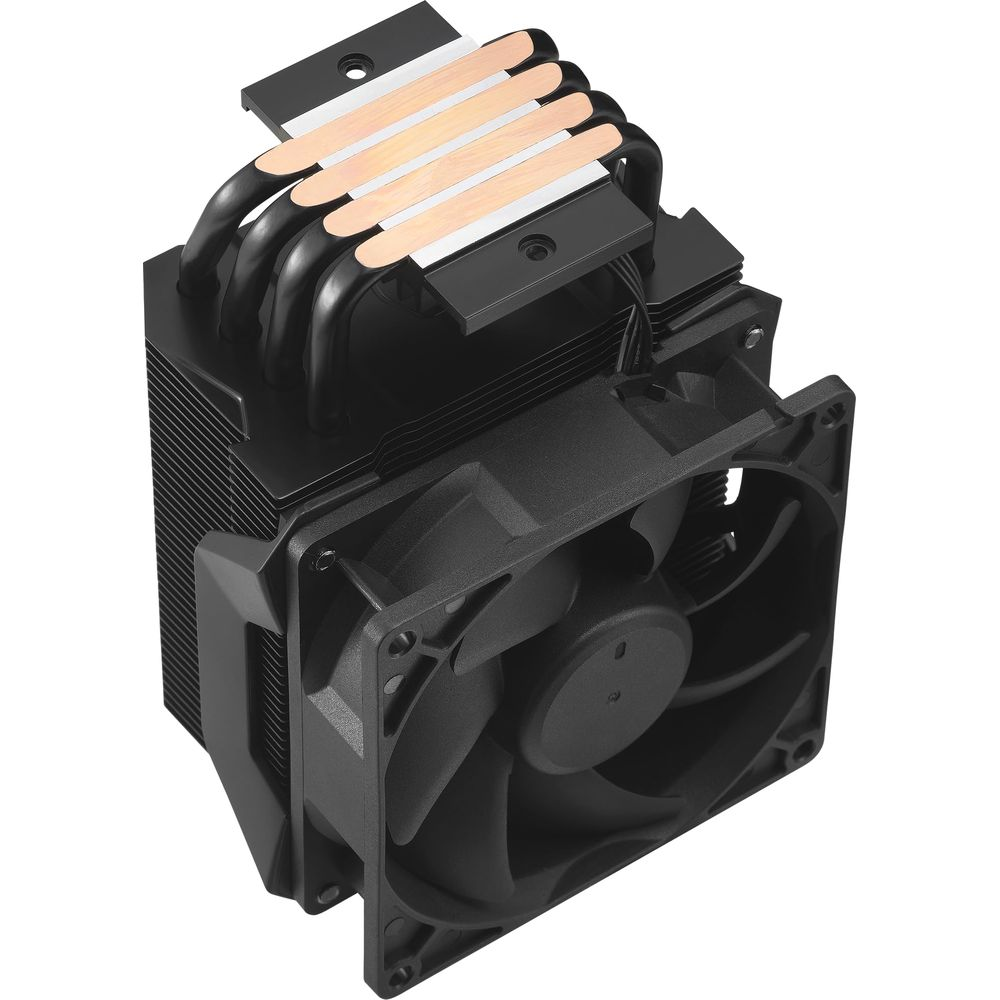 Black CPU cooler with fan, copper heat pipes, and cooling fins.