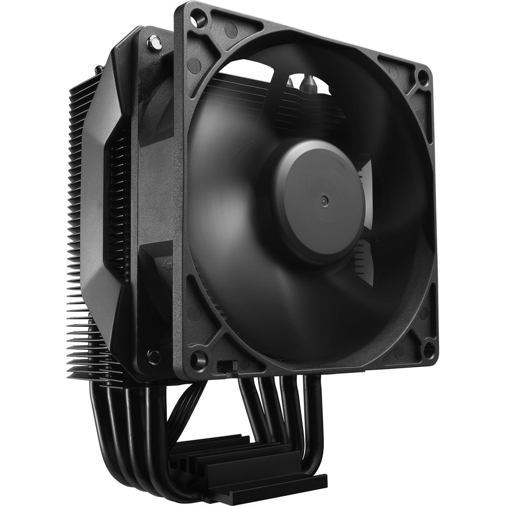 A black computer CPU cooler with a fan and heat pipes against a white background.