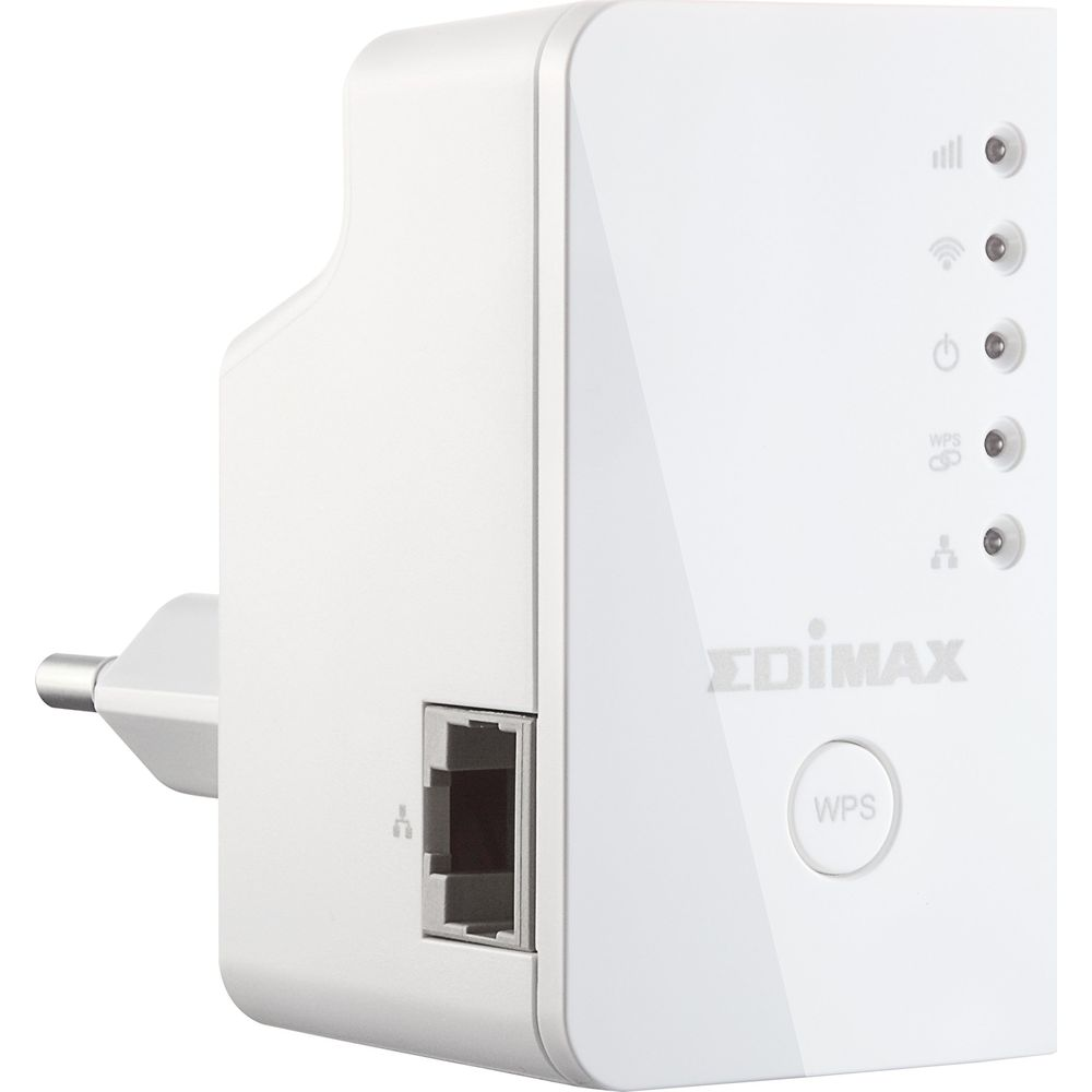 Biały wzmacniacz Wi-Fi Edimax z portem Ethernet i przyciskiem WPS.