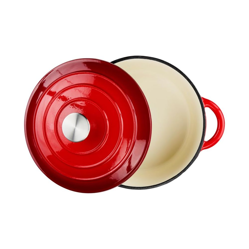 A red enameled cast iron Dutch oven with lid, viewed from above. Light cream interior.