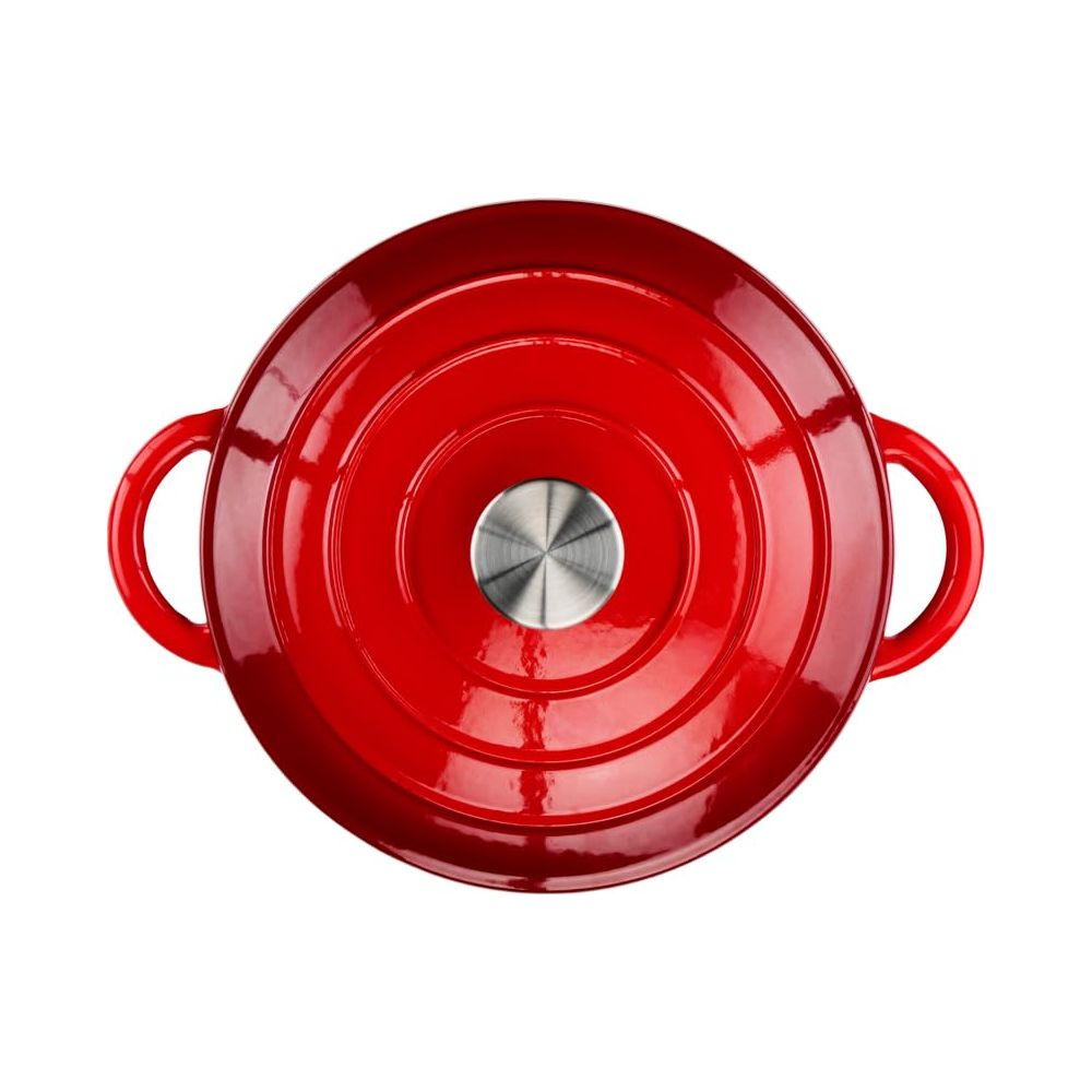 Red cast iron pot with a silver handle, viewed from above.
