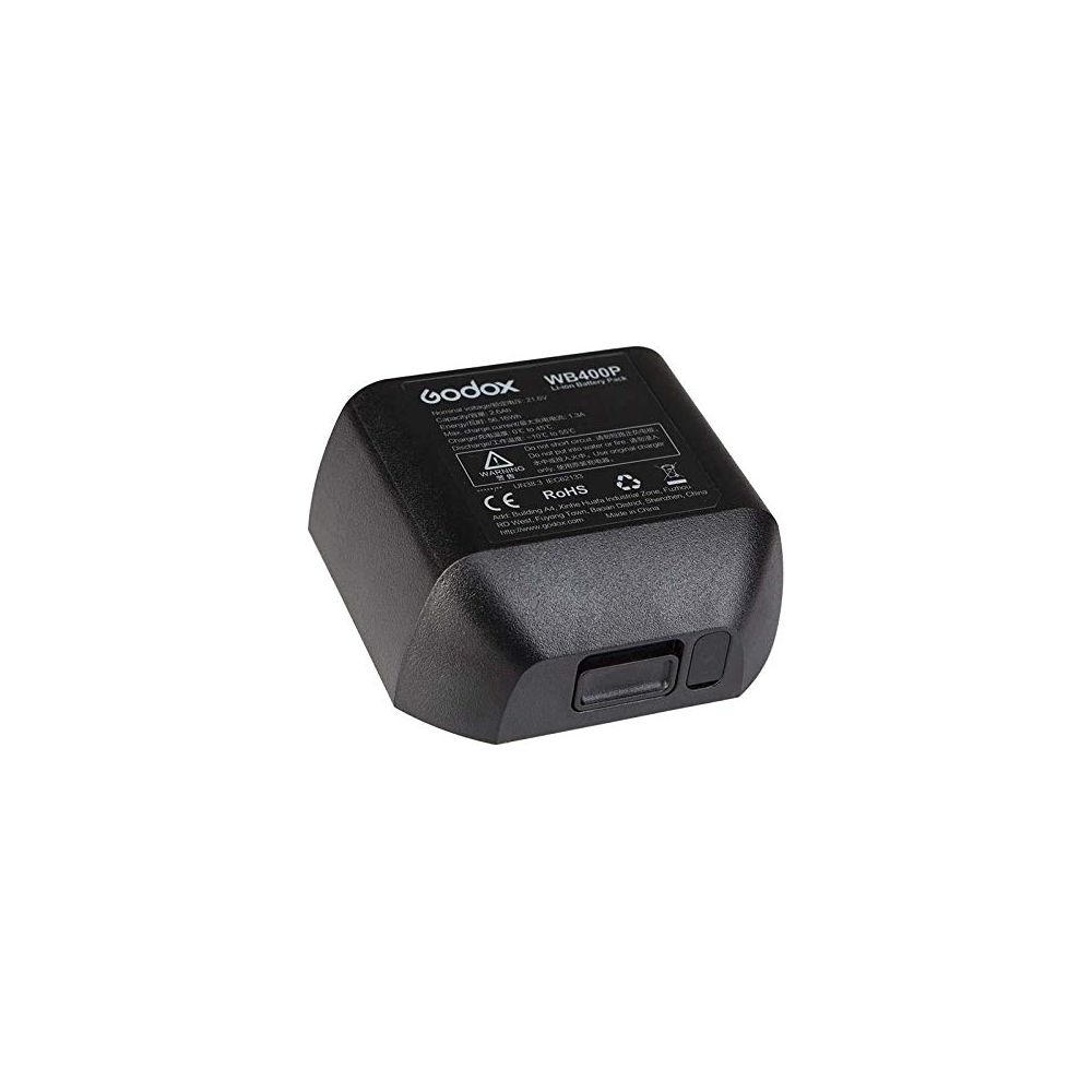 Schwarzer Godox WB400P Lithium-Ionen-Akku mit Beschriftung.