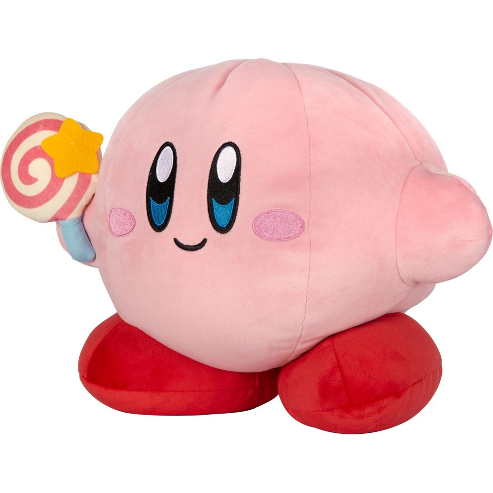 Peluche rosa di Kirby che tiene un lecca-lecca con una stella. Piedi rossi.