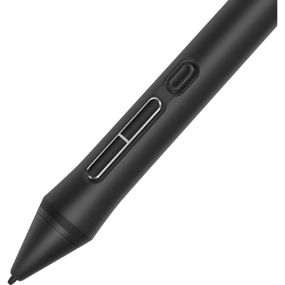 Una penna digitale nera con pulsanti argentati su sfondo bianco.