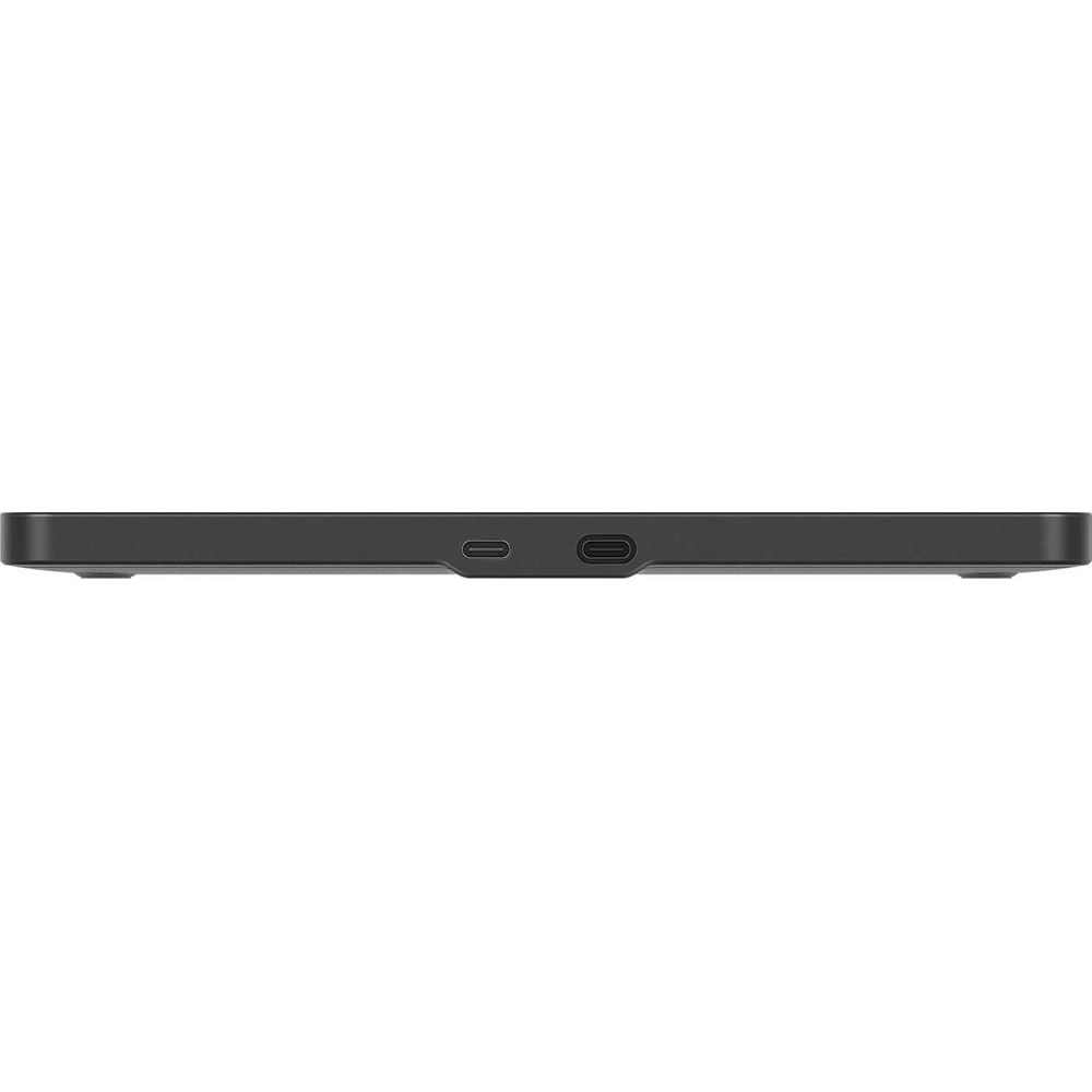 Un dispositivo piatto nero con due porte USB sul lato.
