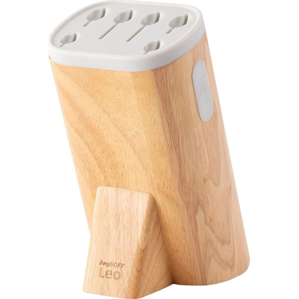A wooden knife block with slots on top and a stand.