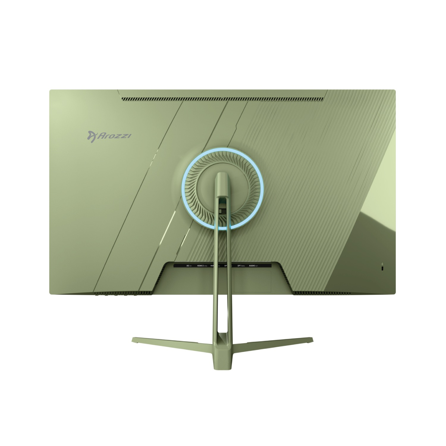 Vista posteriore di un monitor Arozzi verde chiaro con luce blu circolare e supporto.