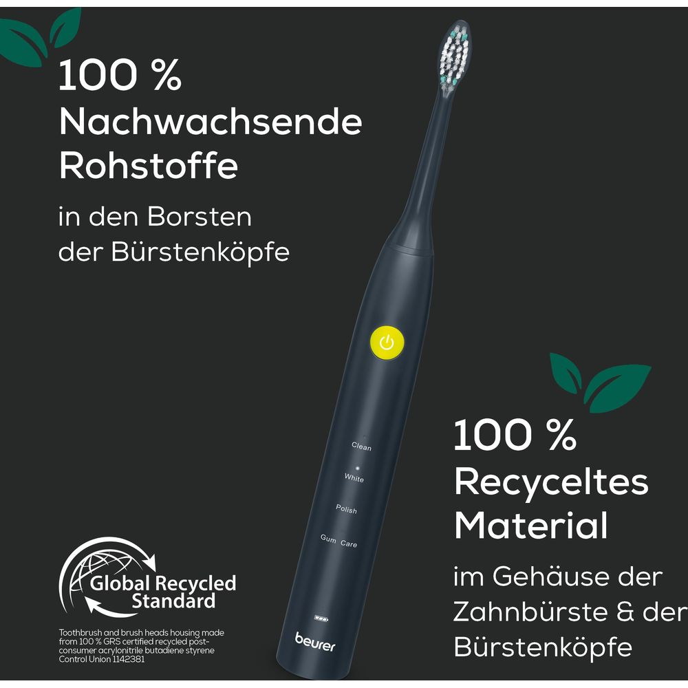 Brosse à dents électrique bleu foncé avec bouton jaune sur fond sombre.