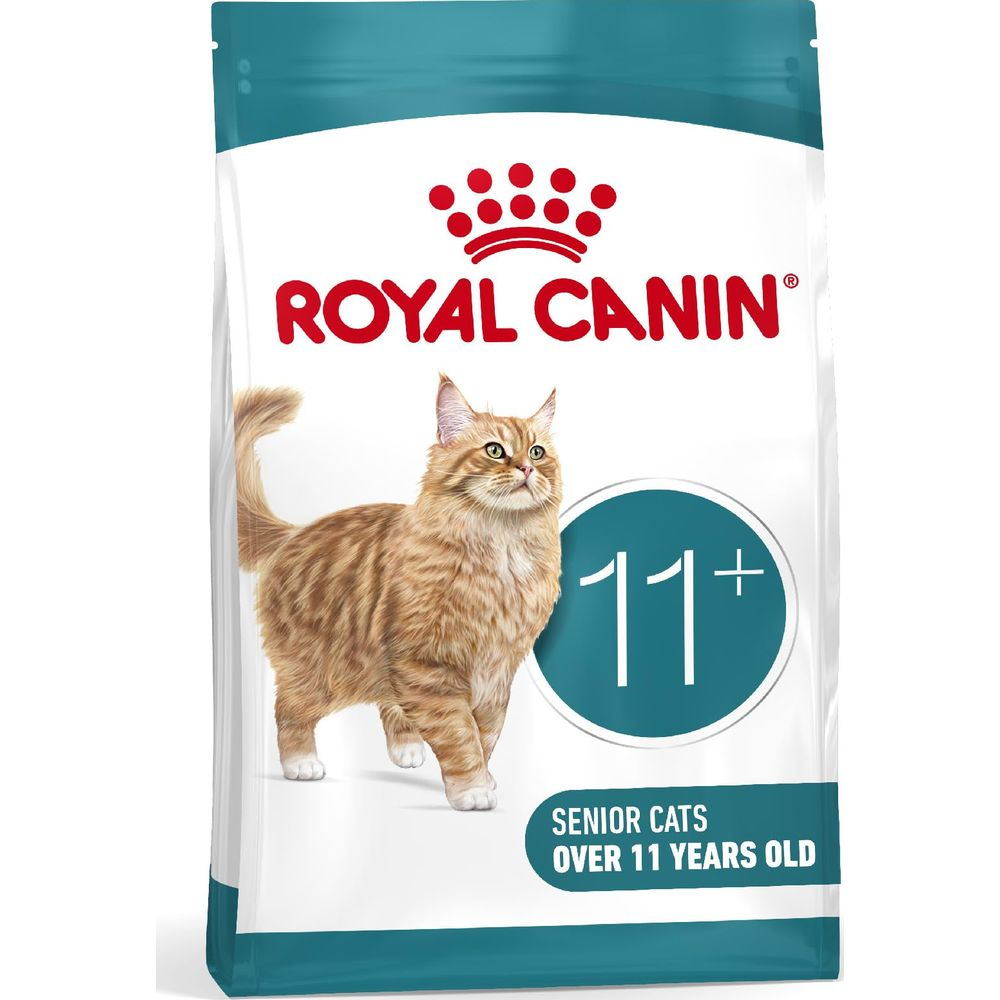 Royal Canin Senior Cats Futterpackung mit einer orangefarbenen Katze und der Aufschrift 11+.