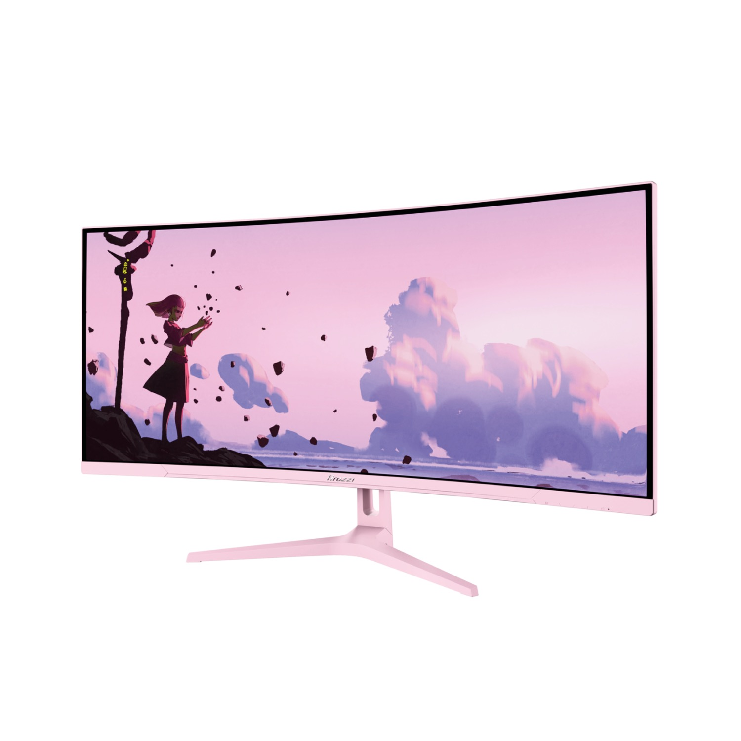 Un monitor rosa mostra una scena in stile anime con un personaggio su un cielo rosa.