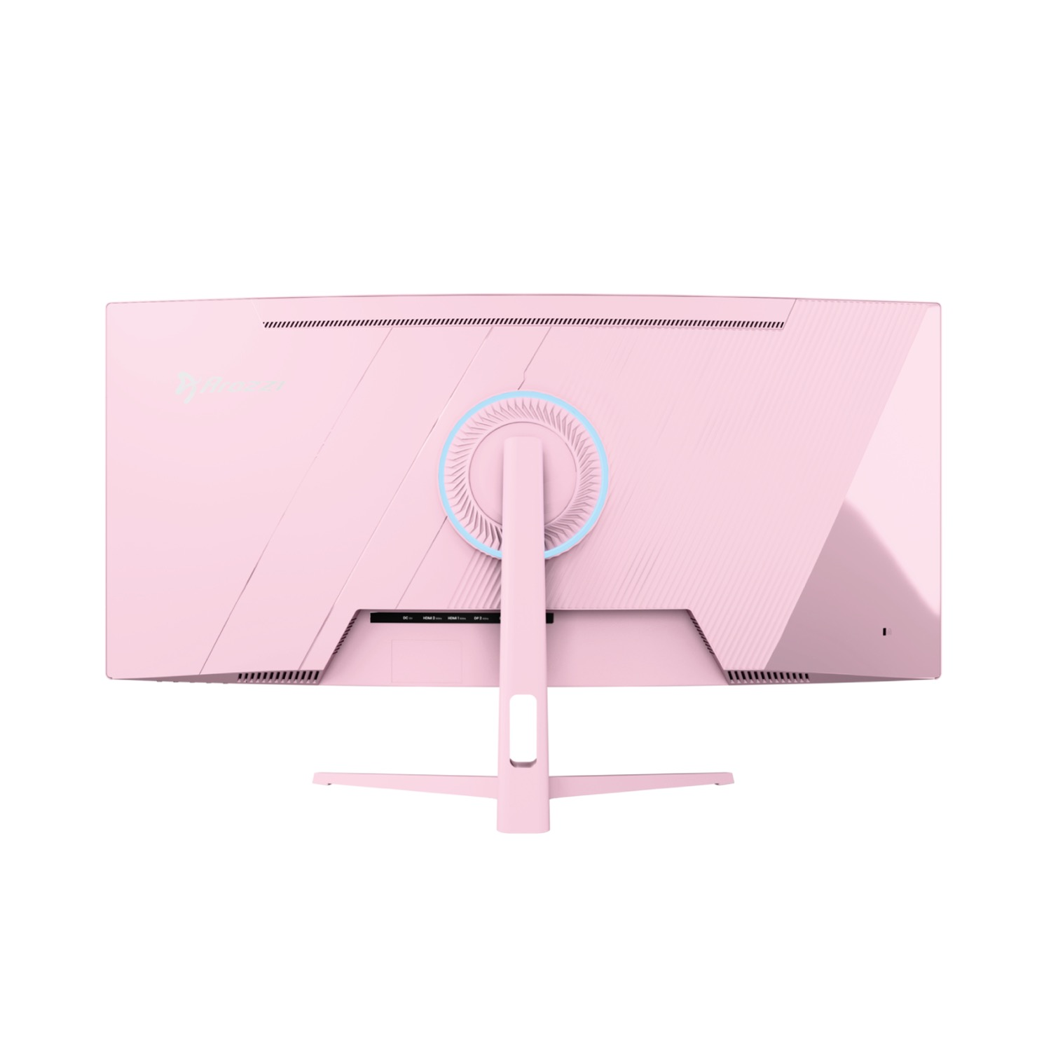 Vista posteriore di un monitor rosa con luce ad anello blu e porte.