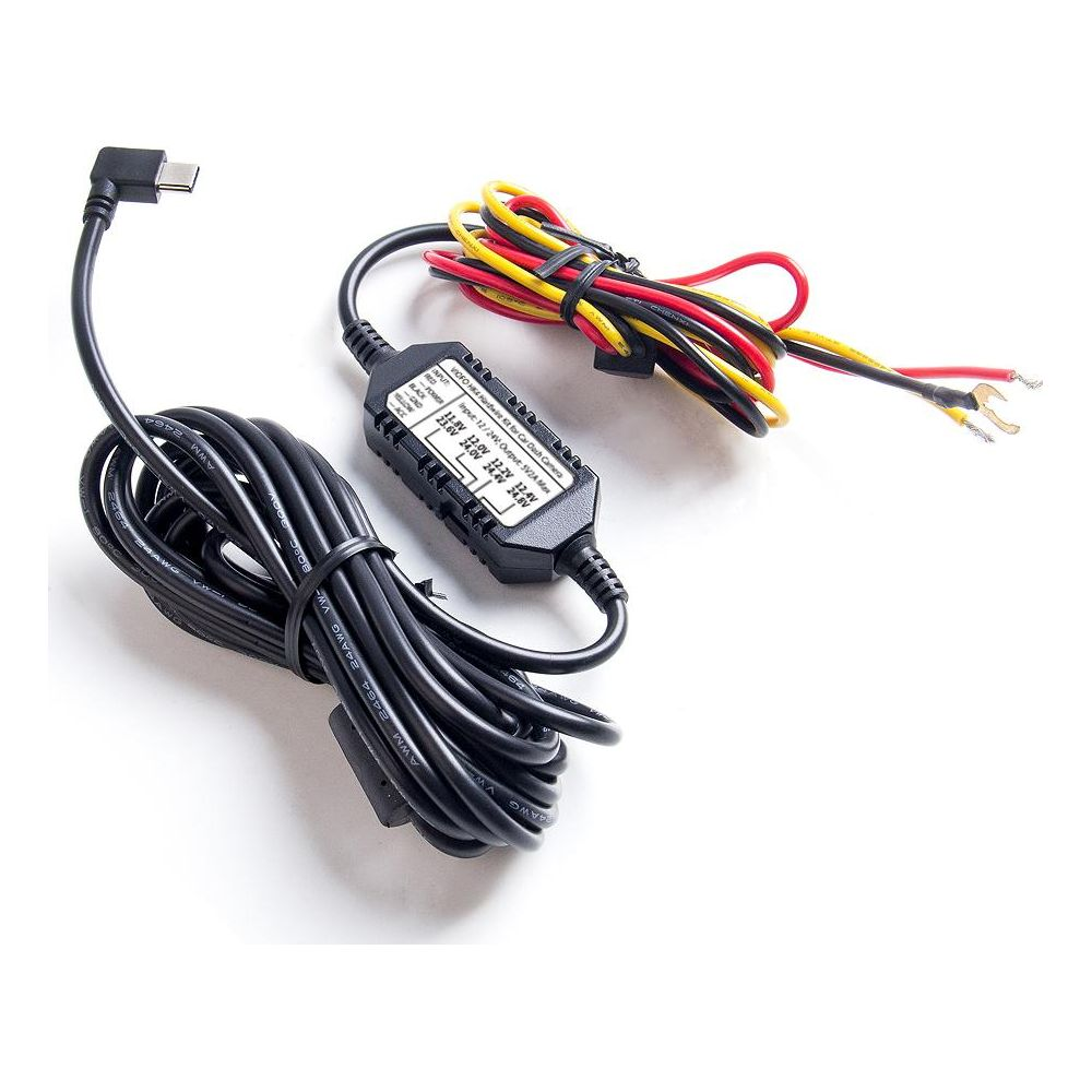 Un cavo nero con connettore USB-C e un adattatore a tre fili.