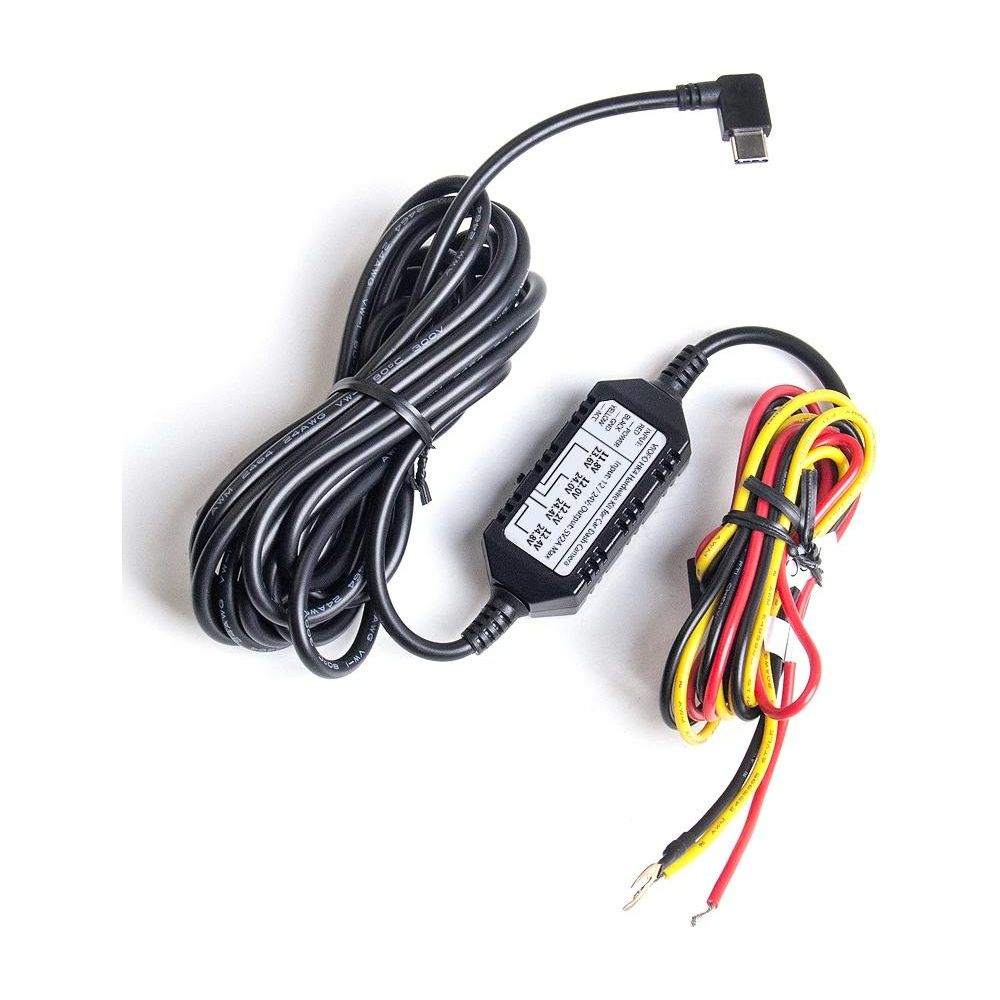 Un cavo nero con connettore USB-C ad angolo e un altro cavo con tre fili colorati.