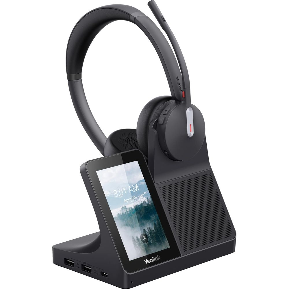 Un casque sans fil Yealink noir et sa base de chargement avec écran tactile.