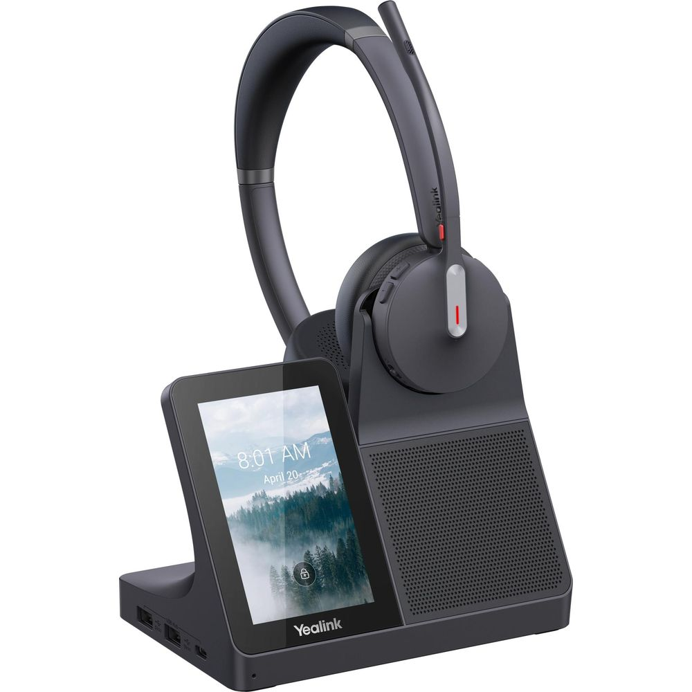 Un casque Yealink noir avec base tactile montre une scène de forêt brumeuse.