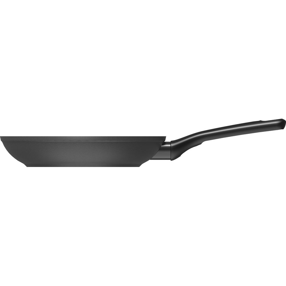 A black frying pan with a black handle, viewed from the side.
