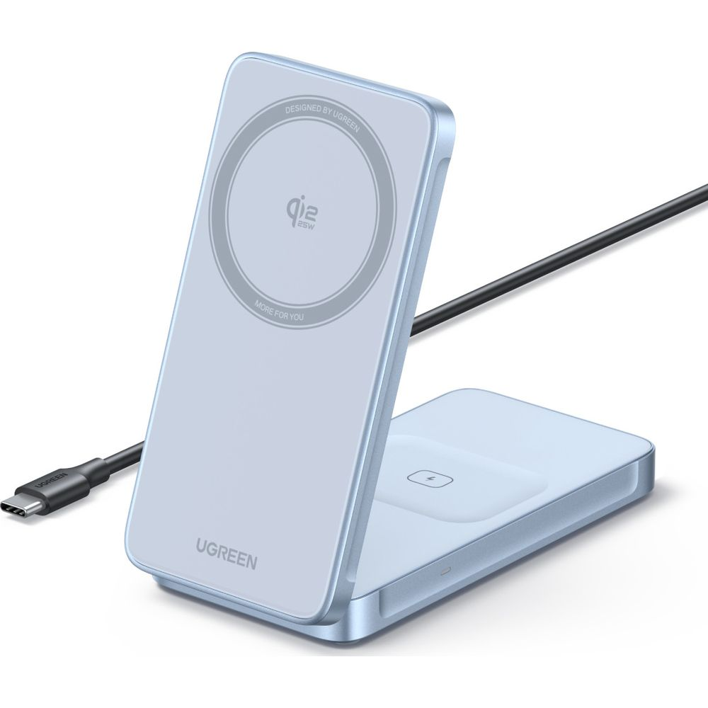Jasnoniebieska ładowarka UGREEN z logo Qi i kablem USB-C.
