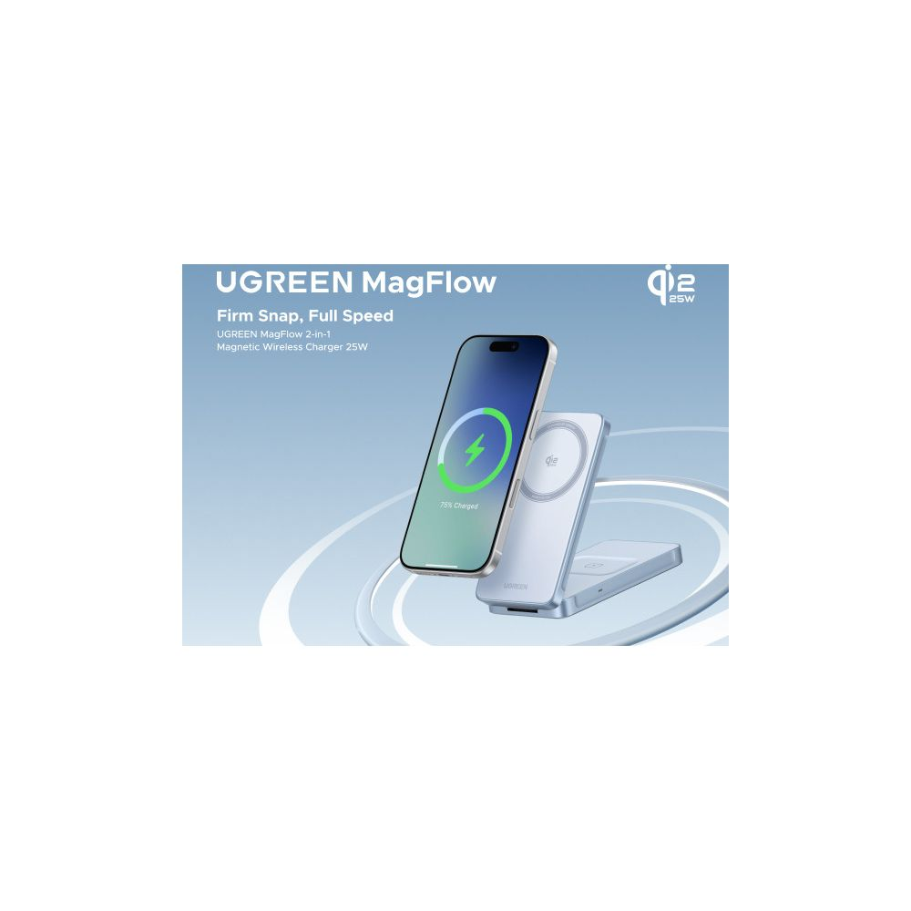 Smartfon ładuje się na srebrnej ładowarce UGREEN MagFlow 2 w 1.