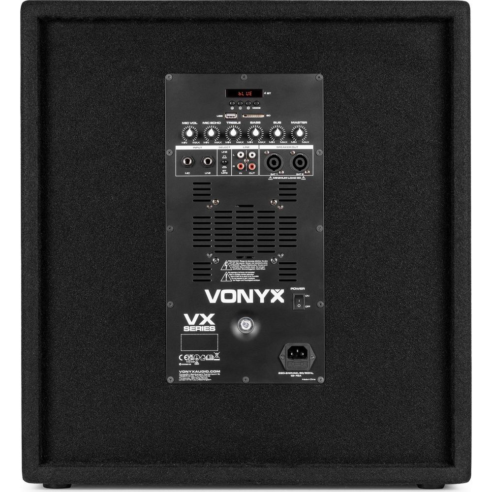 Panel trasero de un subwoofer Vonyx VX negro con conexiones, perillas e interruptor de encendido.