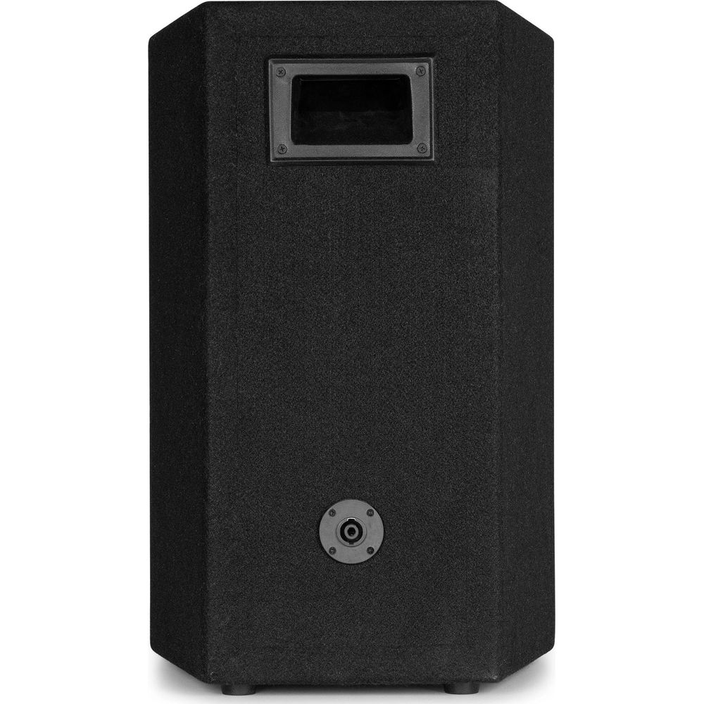 Altavoz negro con asa arriba y conector abajo.