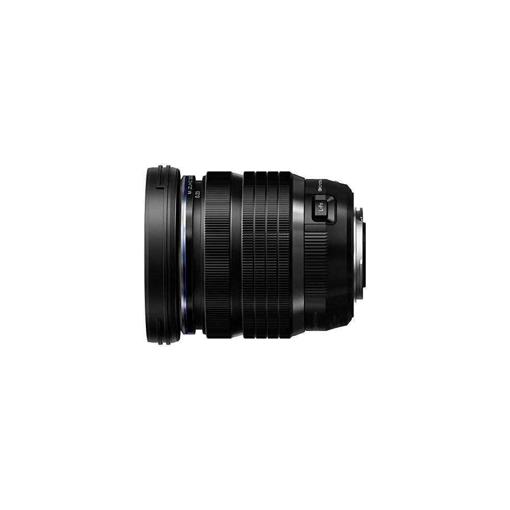 Obiettivo fotocamera nero con accenti argento e blu, dettagliato con anelli e pulsanti.
