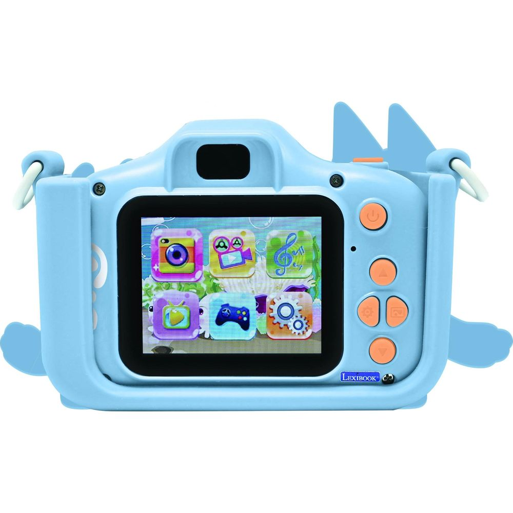 Una fotocamera per bambini blu con schermo colorato che mostra icone.