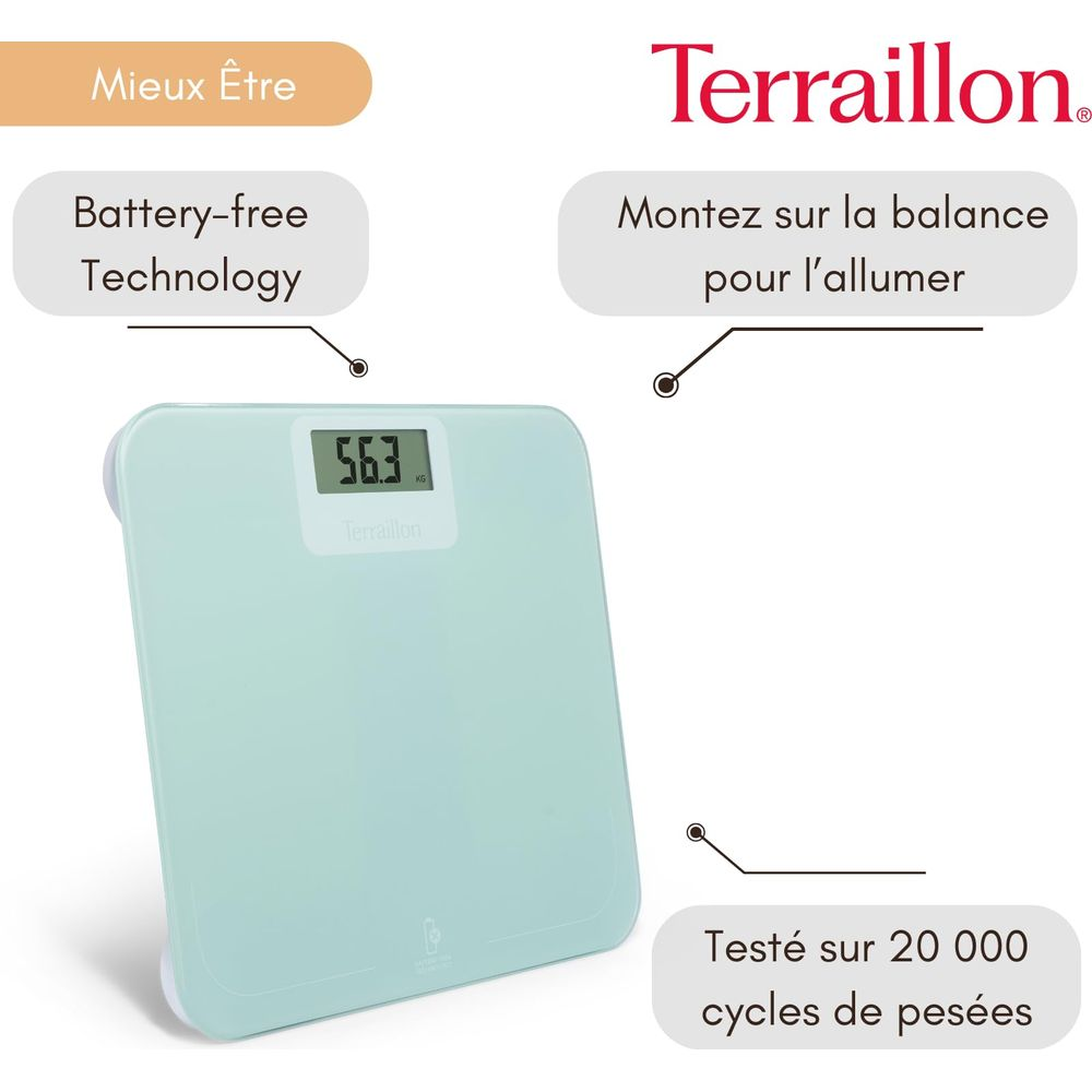 Eine hellgrüne digitale Waage zeigt 56,3 kg an. Sie hat batteriefreie Technologie.