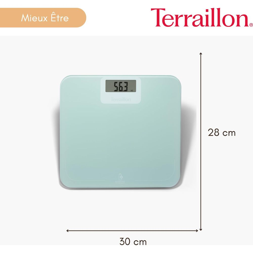 Eine hellgrüne digitale Waage mit einem Gewicht von 56,3 kg und Abmessungen von 30x28 cm.