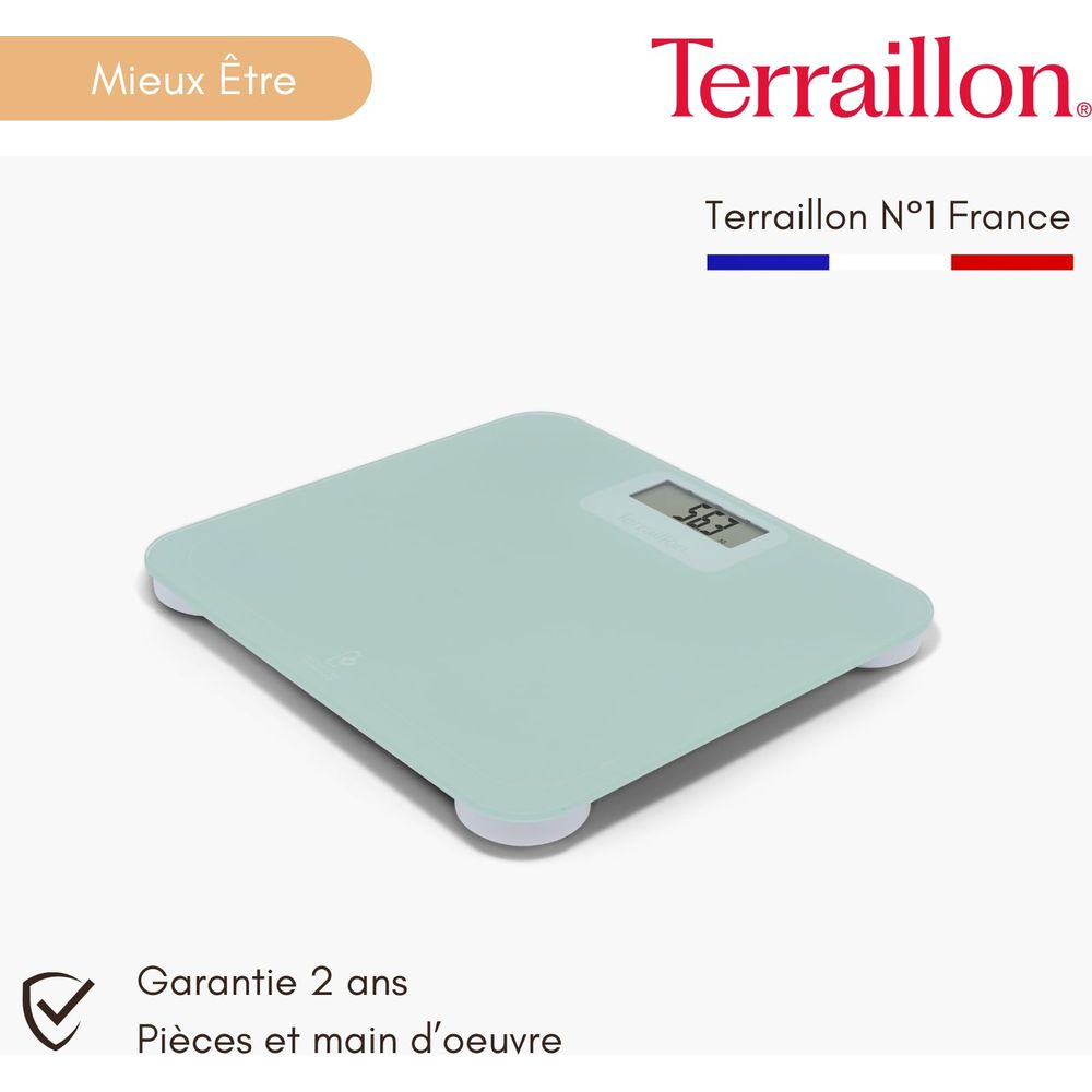 Eine hellgrüne Personenwaage mit digitaler Anzeige und dem Logo von Terraillon.
