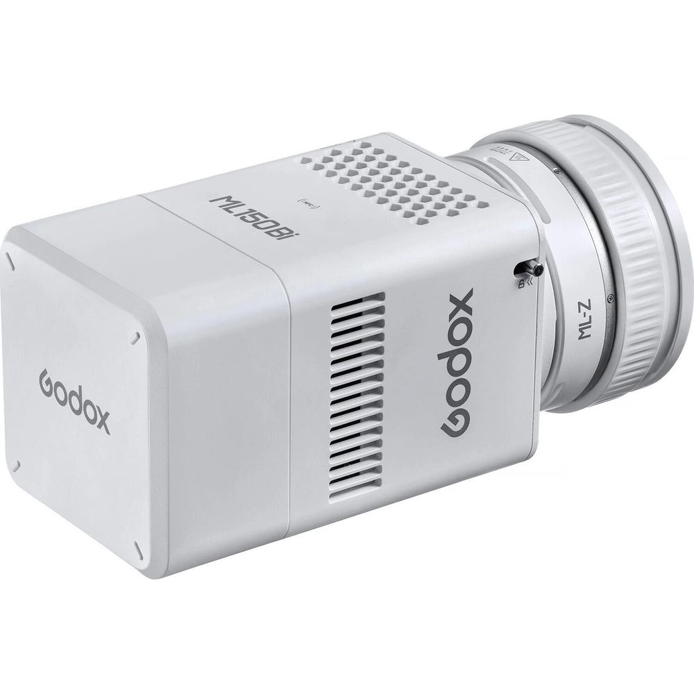 Ein weißer Godox ML150Bi Beleuchtungsmodifikator mit Lüftungsschlitzen und Objektiv.