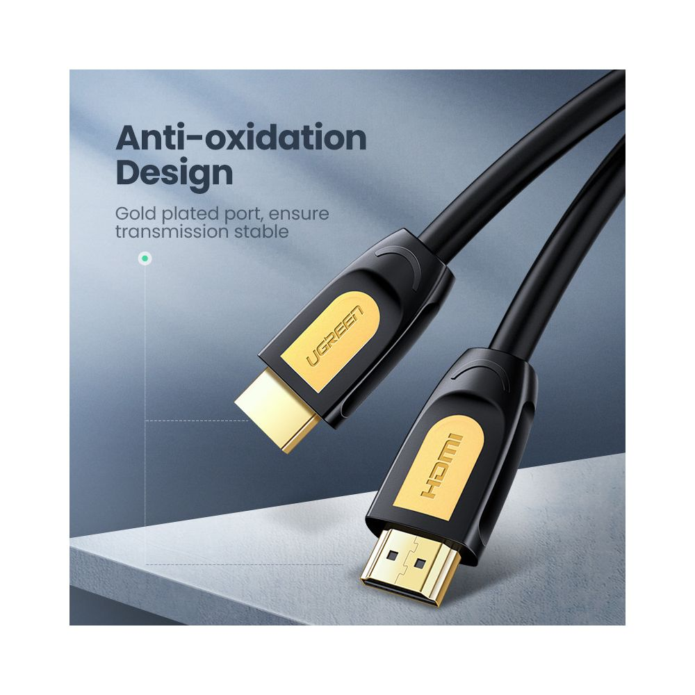 Dwa czarne kable HDMI ze złotymi złączami, z logo "UGREEN" i "HDMI".