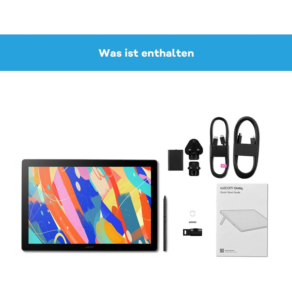 Ein Grafiktablett mit Stift, Netzteilen und Kabeln, daneben eine Anleitung.