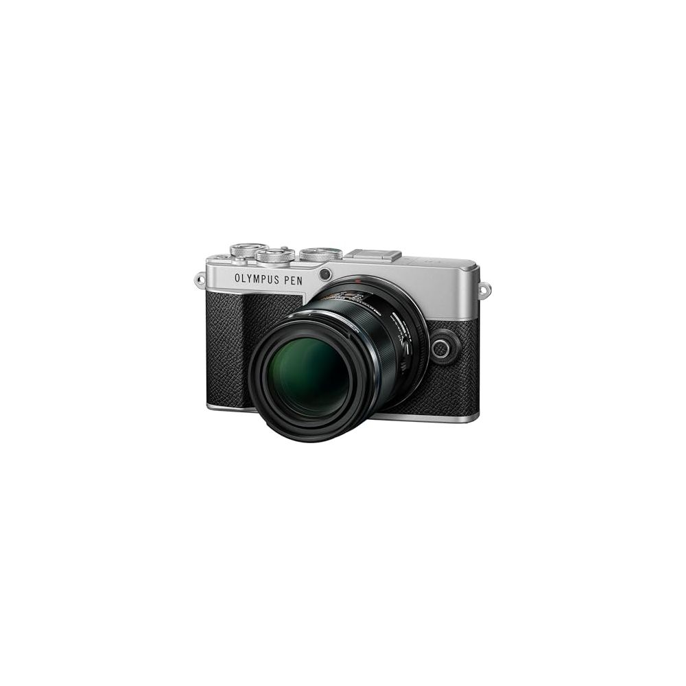A silver Olympus PEN camera with a black leather grip and lens.