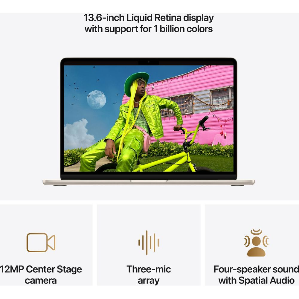 Laptop zeigt Person in Grün, pinker Anhänger, Mond und Fahrrad. Merkmale: 12MP Kamera, Mikrofon-Array, Vier-Lautsprecher-Sound.