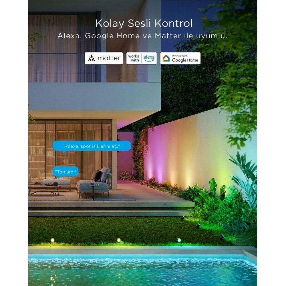 Villa moderna con giardino e piscina illuminati, integrazione smart home.